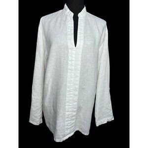 Island Imports 100% Linen Long Sleeve Tunic Blouse Womens M White RESORTWEAR